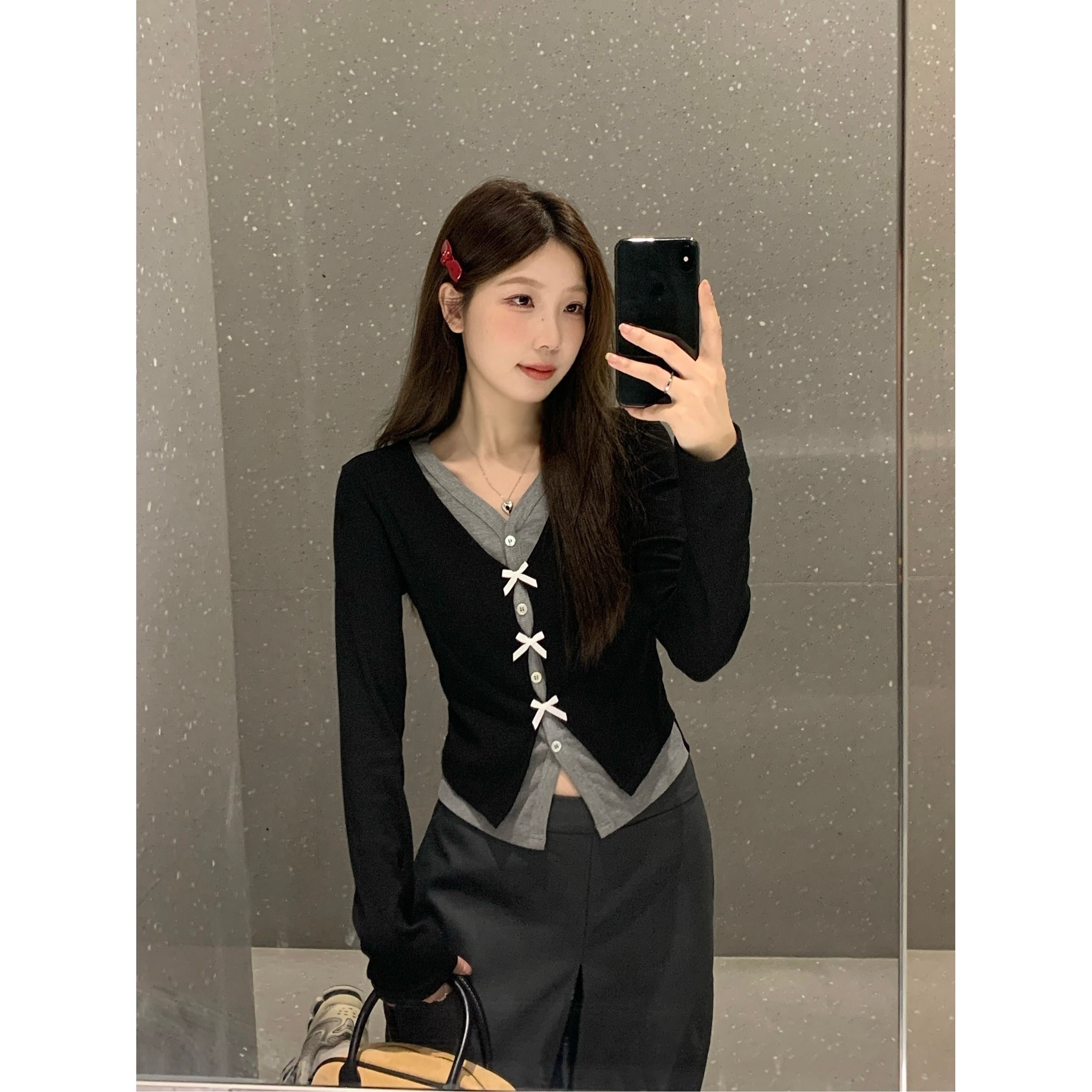 MR【仿棉螺纹】长袖假两件T恤女秋季收腰显瘦撞色上衣小众甜美