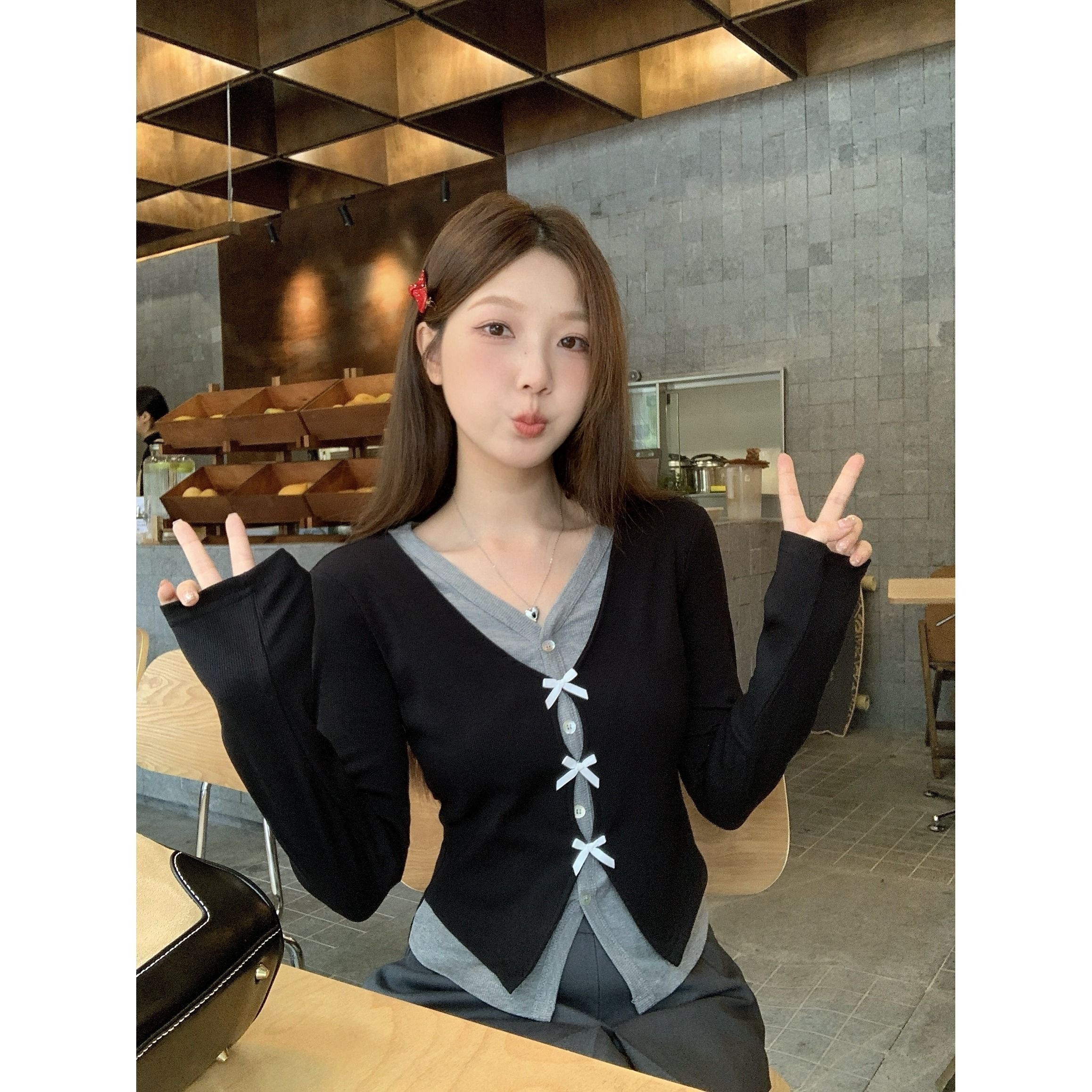 MR【仿棉螺纹】长袖假两件T恤女秋季收腰显瘦撞色上衣小众甜美