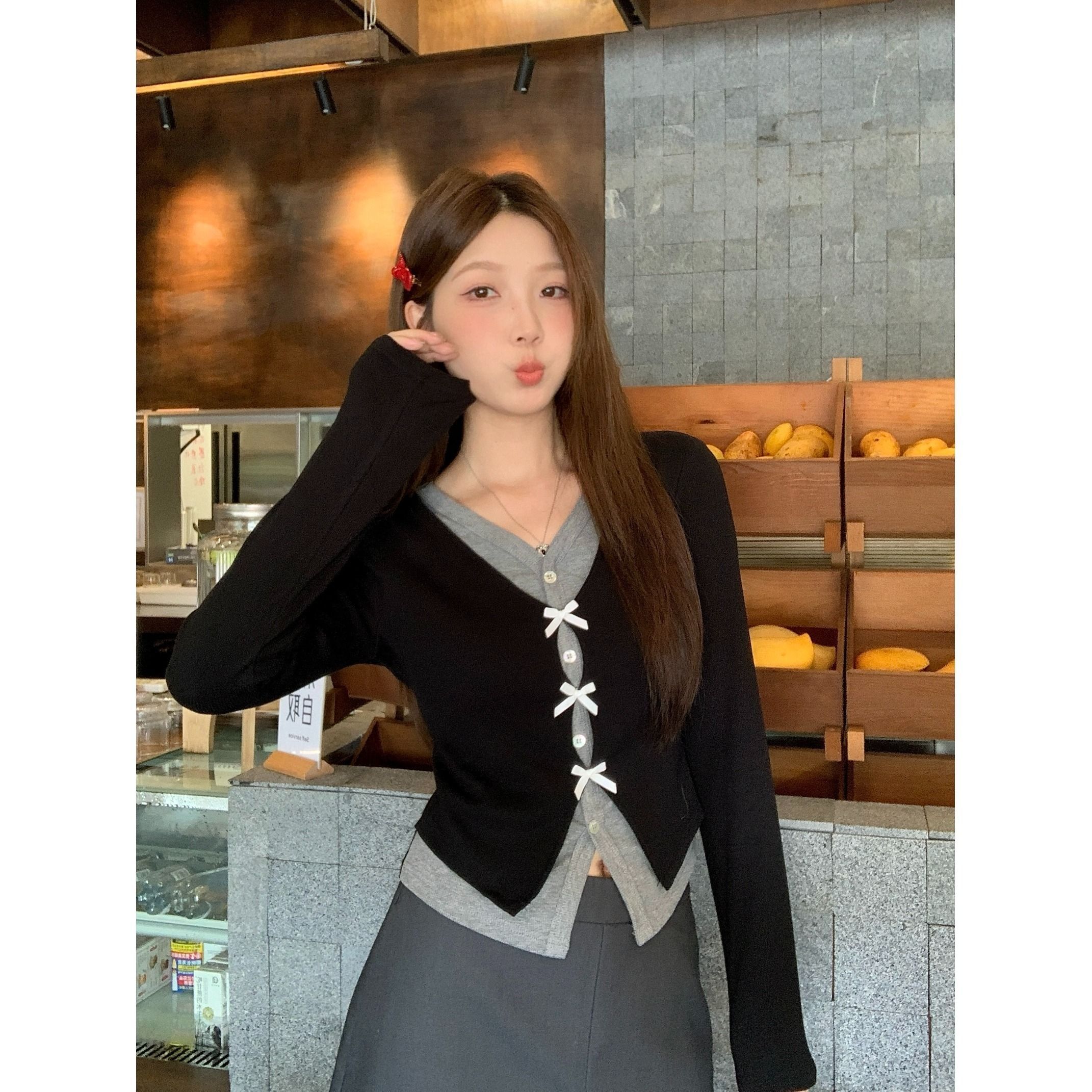 MR【仿棉螺纹】长袖假两件T恤女秋季收腰显瘦撞色上衣小众甜美