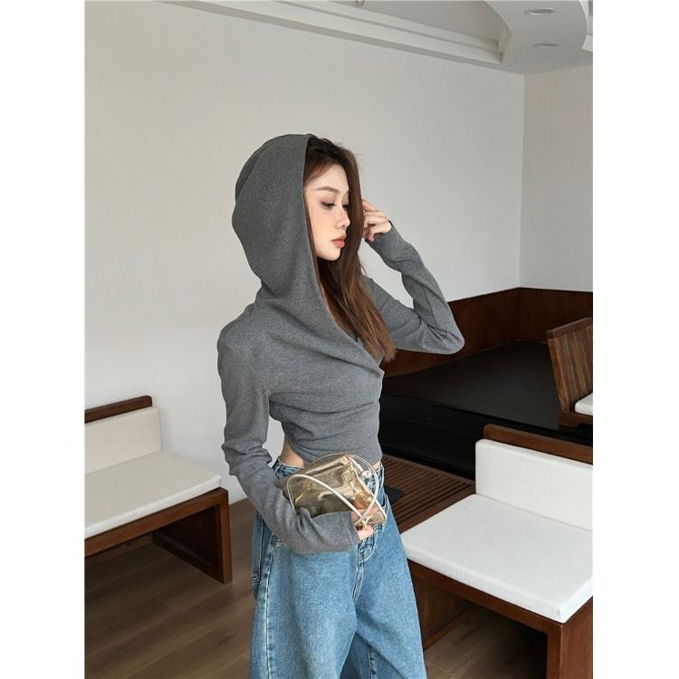 MR【天猫质量 螺纹德绒】复古设计感交叉连帽长袖T恤女早秋短