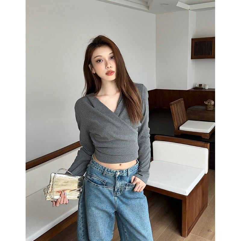 MR【天猫质量 螺纹德绒】复古设计感交叉连帽长袖T恤女早秋短