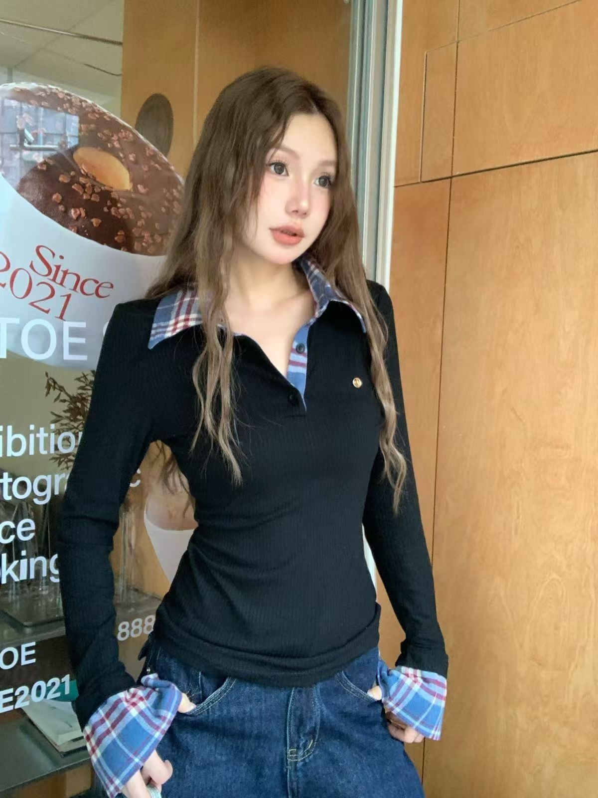 MR【天猫质量】假两件格纹拼接polo领衬衫秋季黑色长袖内搭