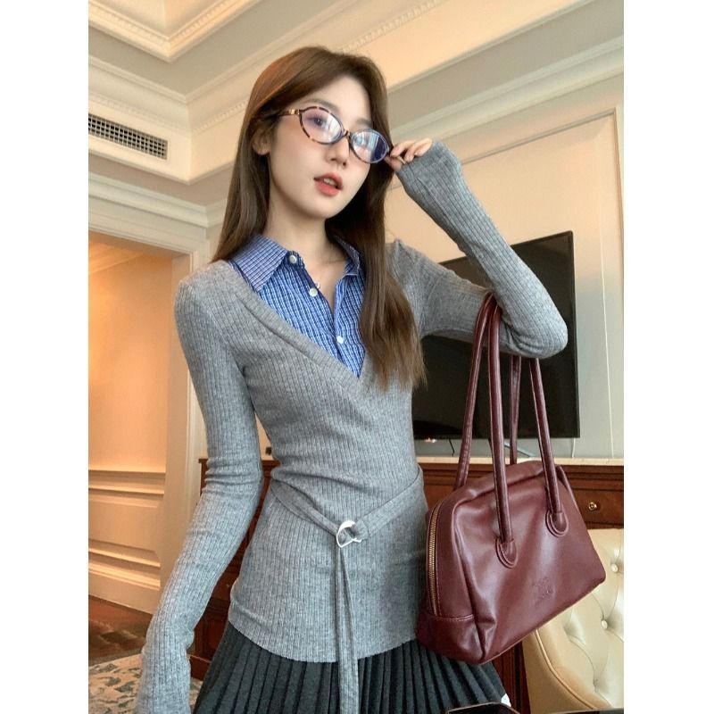 MR polo领格子拼接假两件针织衫女秋季修身收腰打底衫