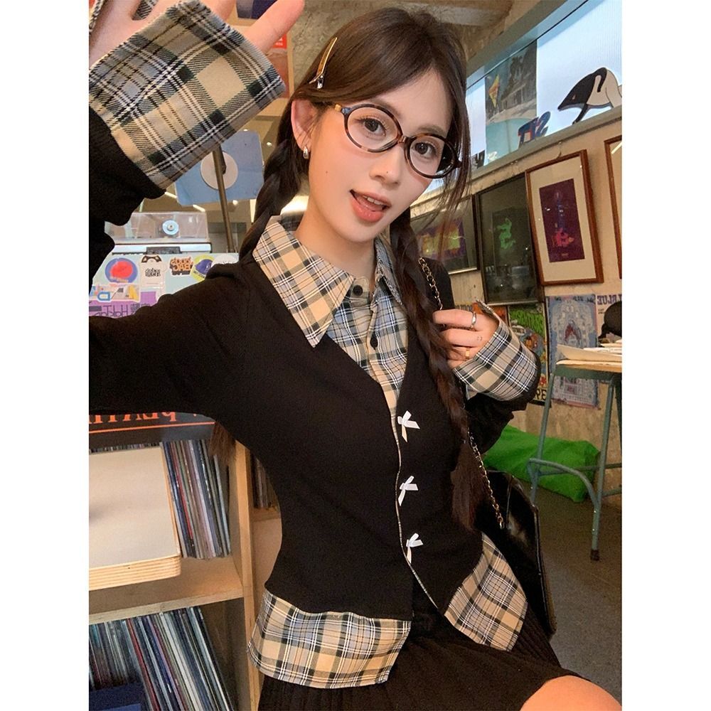 MR【原版做法】甜辣风蝴蝶结长袖女秋冬假两件修身拼接格子上衣