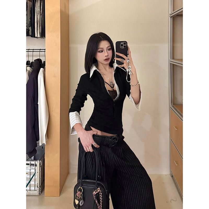 MR【原版做法】美式辣妹v领长袖T恤女秋季设计感假两件衬衫拼