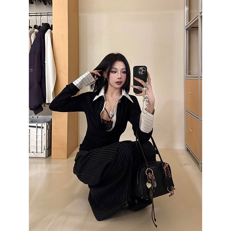 MR【原版做法】美式辣妹v领长袖T恤女秋季设计感假两件衬衫拼