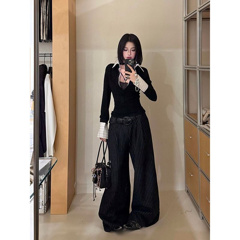 MR【原版做法】美式辣妹v领长袖T恤女秋季设计感假两件衬衫拼