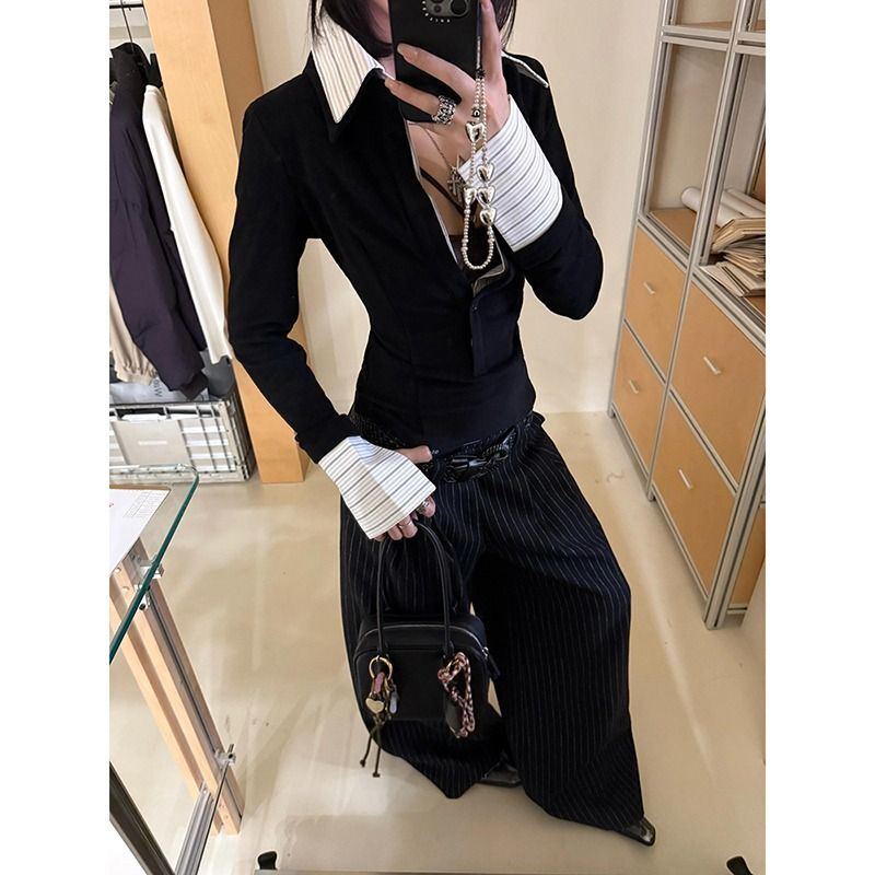 MR【原版做法】美式辣妹v领长袖T恤女秋季设计感假两件衬衫拼