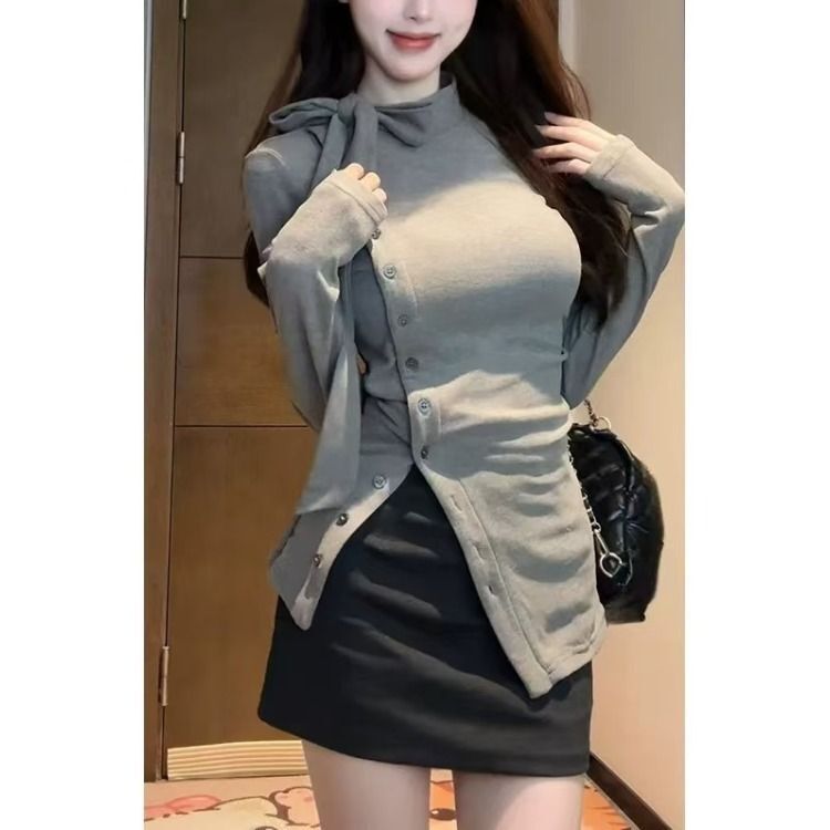 MR【螺纹德绒 原版做法】法式系带中领打底衫女秋冬加厚德绒长