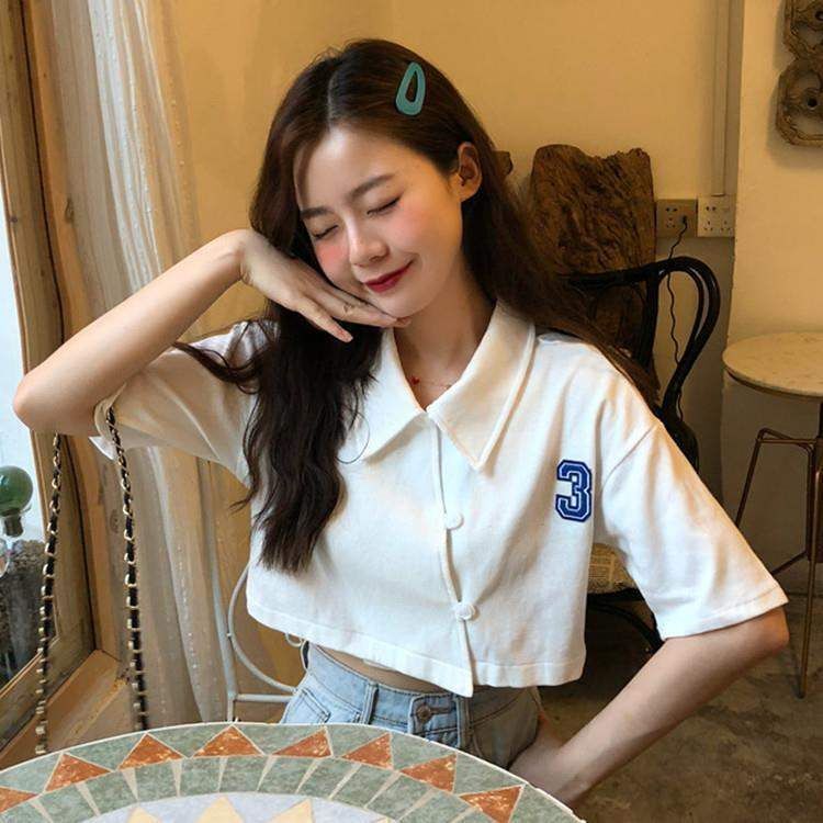 夏季复古POLO领短袖T恤女学生韩版显瘦百搭露脐短款上衣 夏季复古POLO领短袖T恤女学生韩版显瘦百搭露脐短款上衣