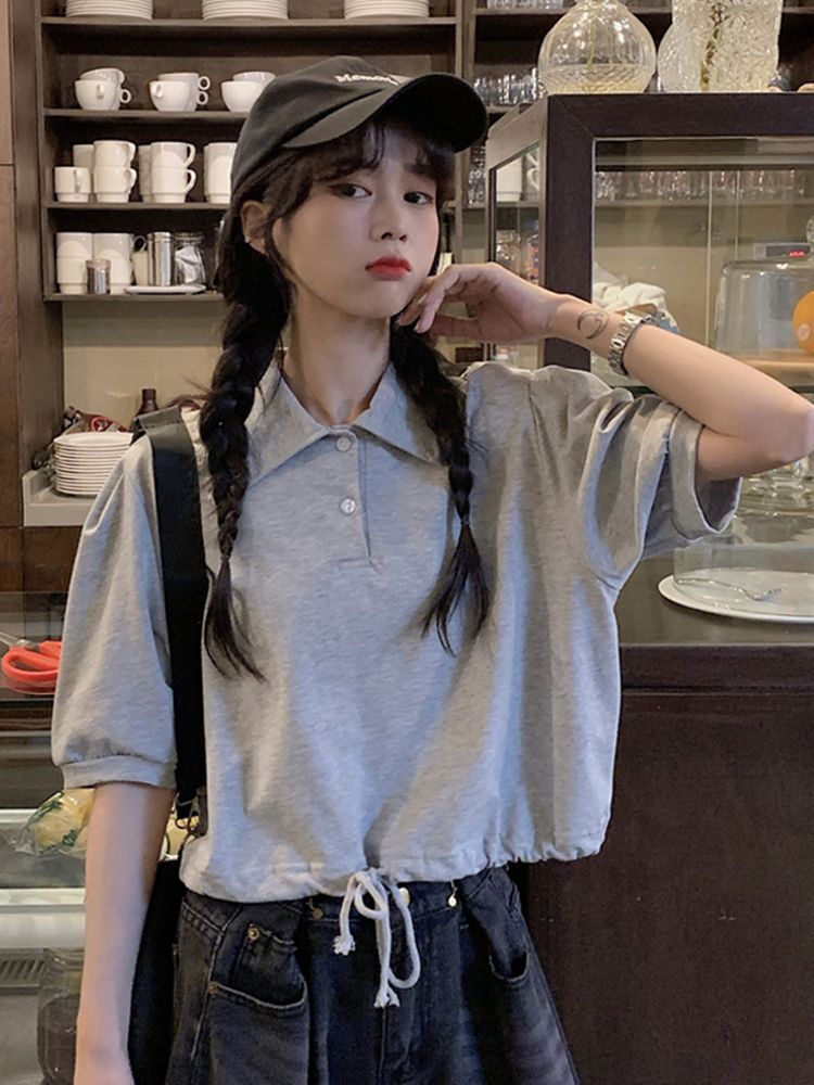 短袖ins潮女打底衫韩版复古POLO领设计感小众灰色t恤显瘦 短袖ins潮女打底衫韩版复古POLO领设计感小众灰色t恤显瘦