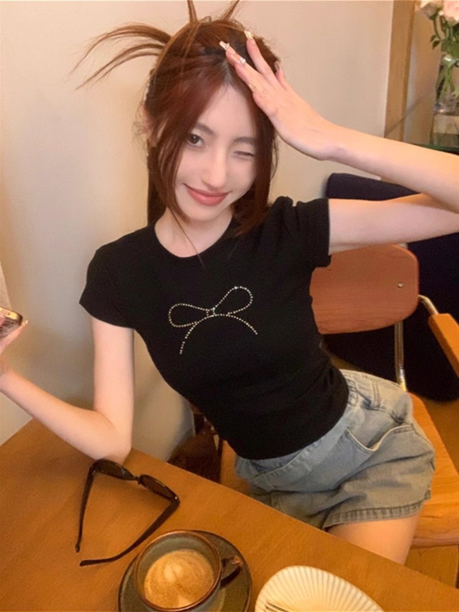 1*1纯棉 高弹力烫钻蝴蝶结正肩短袖t恤女夏季黑色辣妹上衣 1*1纯棉 高弹力烫钻蝴蝶结正肩短袖t恤女夏季黑色辣妹上衣