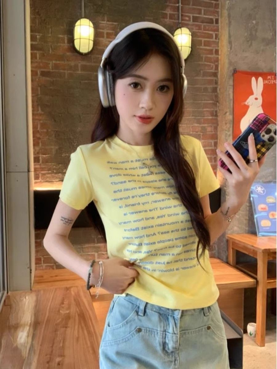 【1*1纯棉 常规款】印花正肩常规短袖 高弹力新款夏季修身显