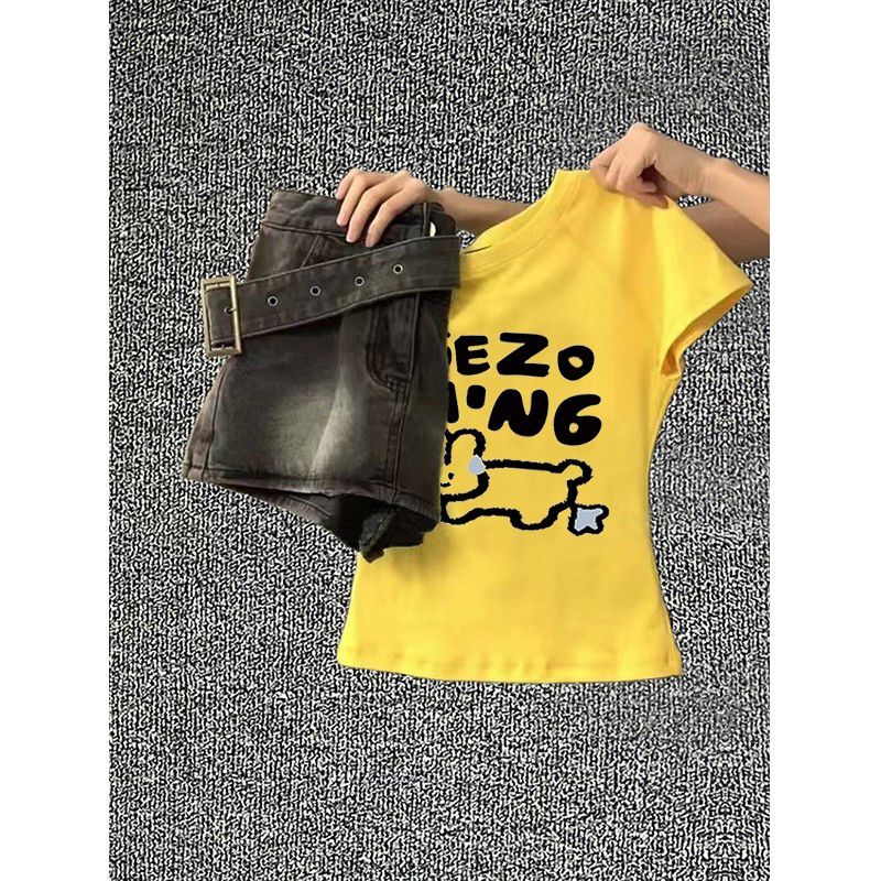 1*1纯棉 高弹力新款夏季短袖短款搭配高腰裤修身显瘦洋气上衣