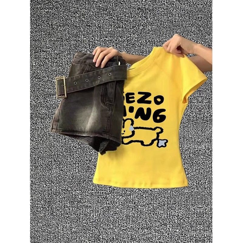 1*1纯棉 高弹力新款夏季短袖短款搭配高腰裤修身显瘦洋气上衣