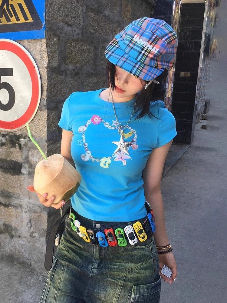 1*1纯棉 高弹力新款夏季短袖短款搭配高腰裤修身显瘦洋气上衣