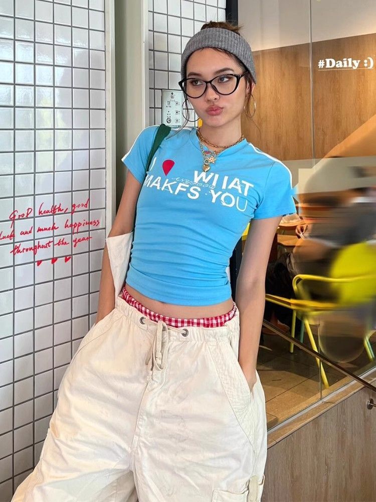 1*1纯棉 高弹力新款夏季短袖短款搭配高腰裤修身显瘦洋气上衣