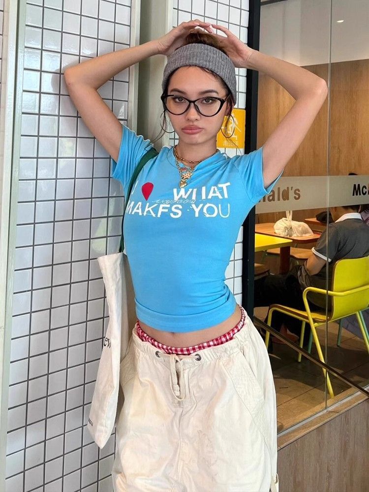 1*1纯棉 高弹力新款夏季短袖短款搭配高腰裤修身显瘦洋气上衣