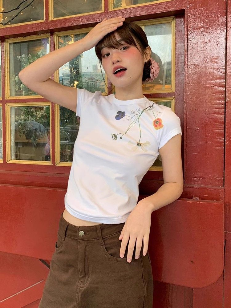 【1*1纯棉 常规款】印花正肩常规短袖 高弹力新款夏季修身显