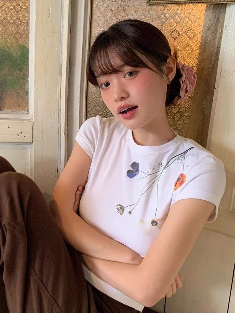 【1*1纯棉 常规款】印花正肩常规短袖 高弹力新款夏季修身显