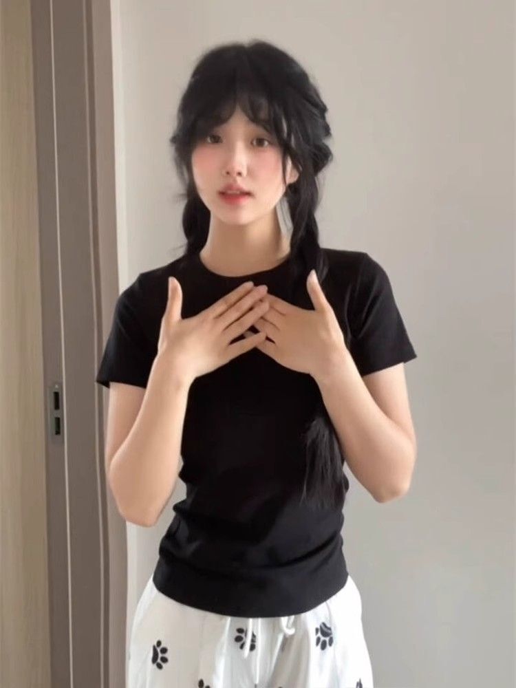 【1*1纯棉 常规款】印花正肩常规短袖 高弹力新款夏季修身显