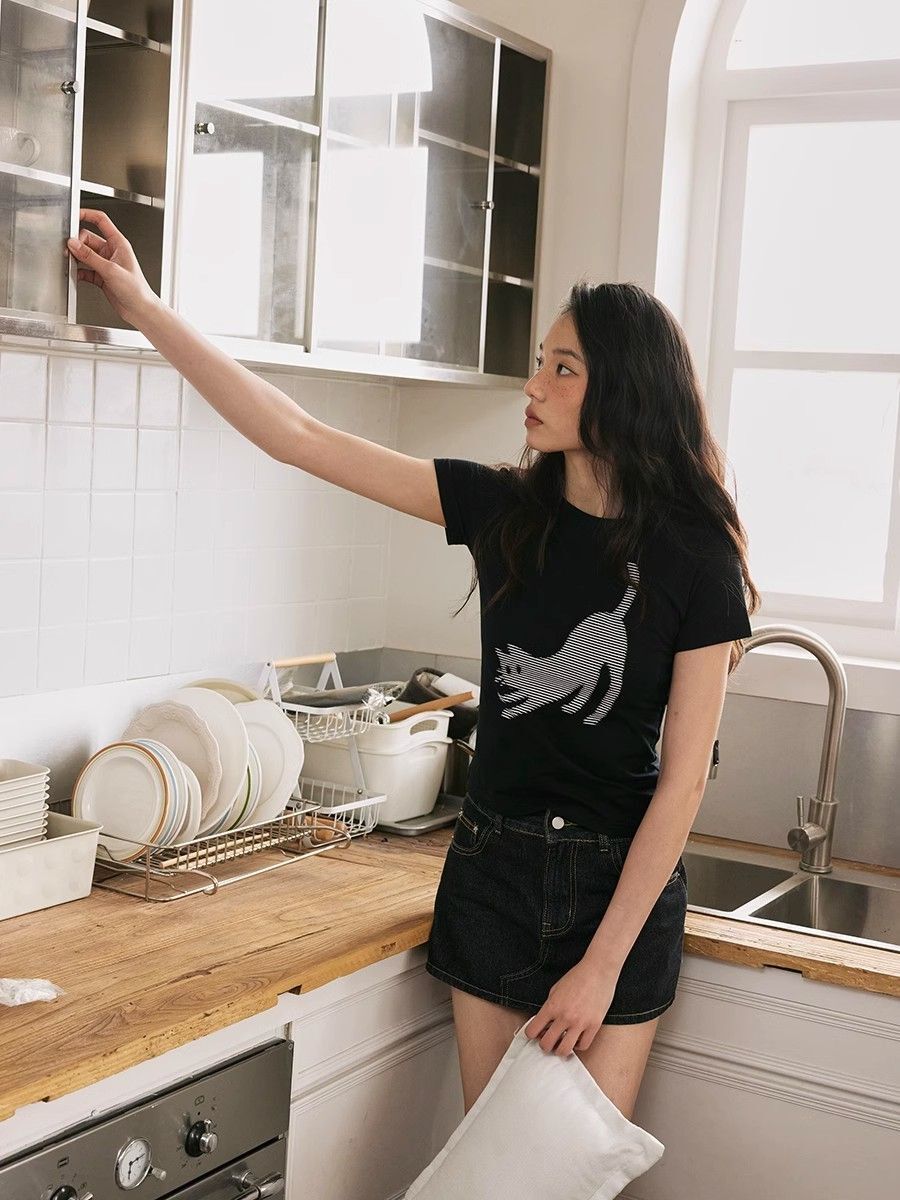 【1*1纯棉 常规款】印花正肩常规短袖 高弹力新款夏季修身显