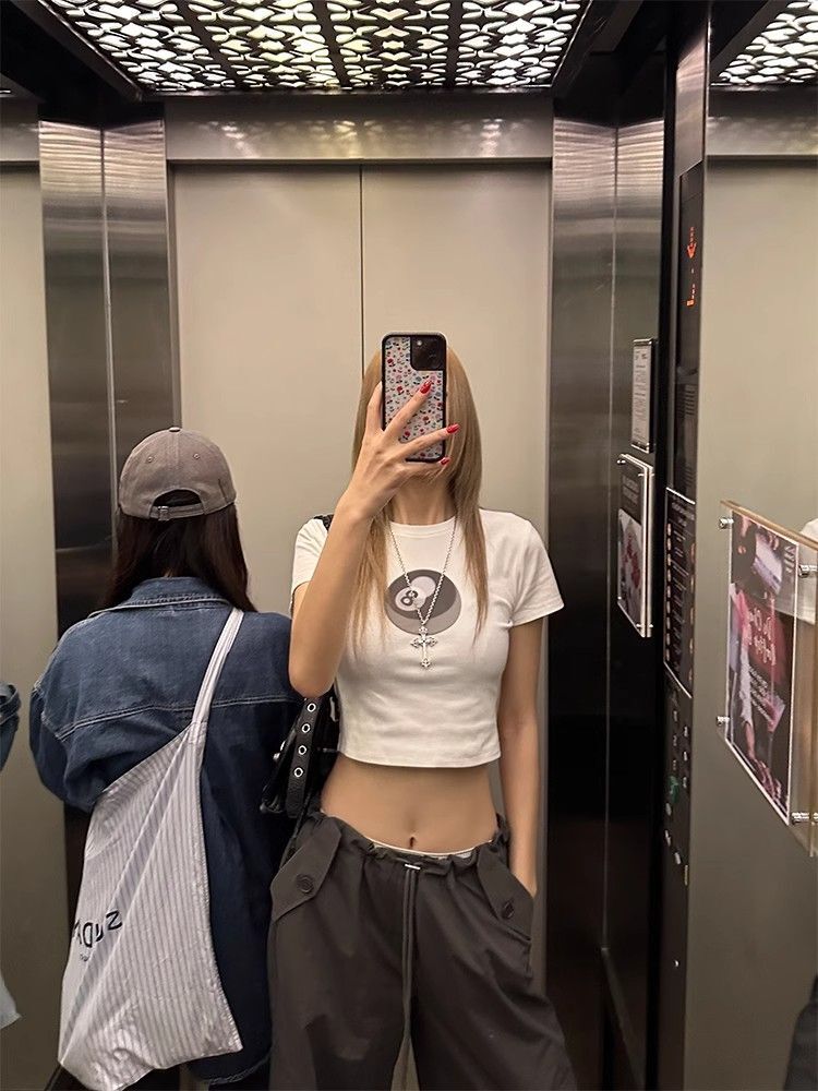 1*1纯棉 高弹力新款夏季短袖短款搭配高腰裤修身显瘦洋气上衣