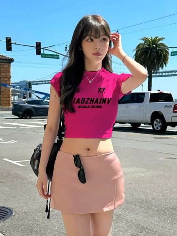 1*1纯棉 高弹力新款夏季短袖短款搭配高腰裤修身显瘦洋气上衣