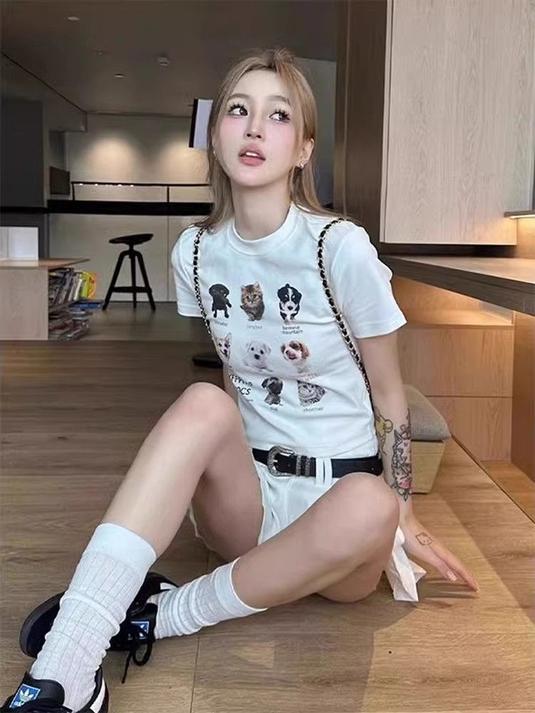 【1*1纯棉 常规款】印花正肩常规短袖 高弹力新款夏季修身显