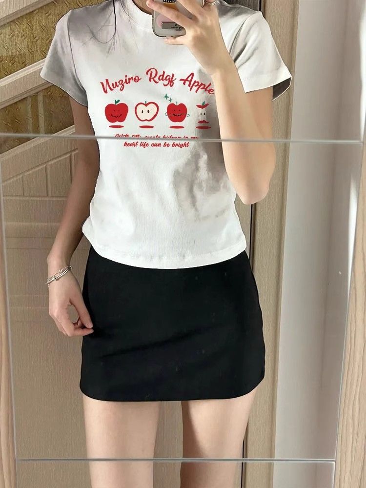 【1*1纯棉 常规款】印花正肩常规短袖 高弹力新款夏季修身显