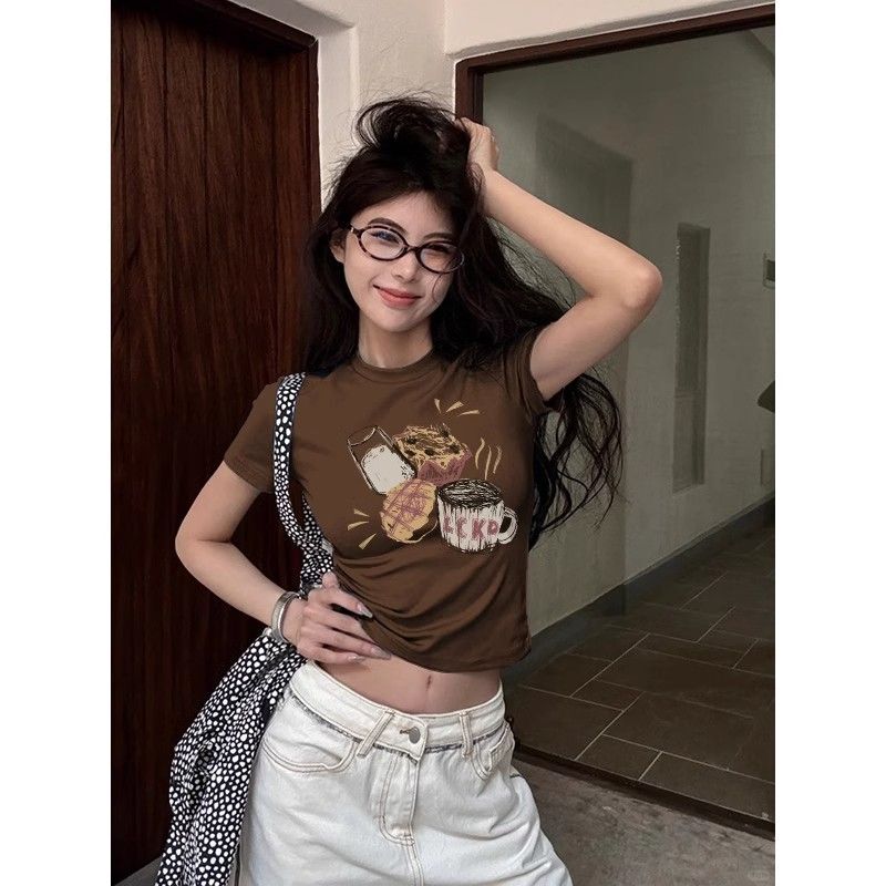 1*1纯棉 高弹力新款夏季短袖短款搭配高腰裤修身显瘦洋气上衣