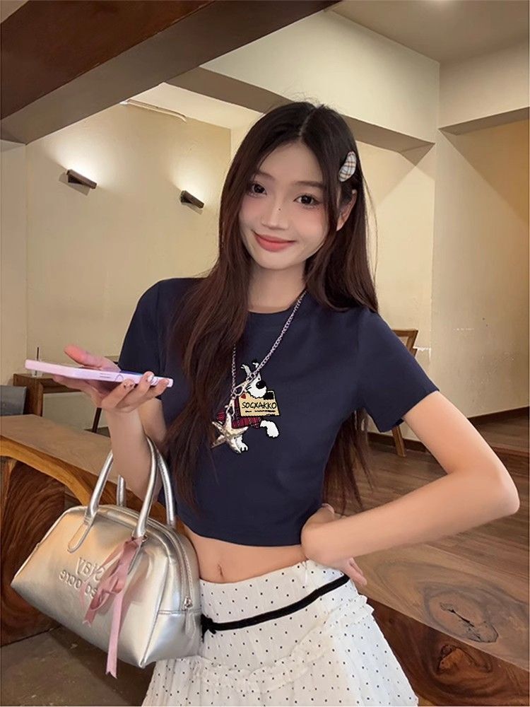 1*1纯棉 高弹力新款夏季短袖短款搭配高腰裤修身显瘦洋气上衣