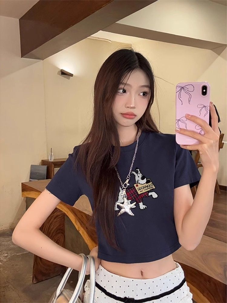 1*1纯棉 高弹力新款夏季短袖短款搭配高腰裤修身显瘦洋气上衣