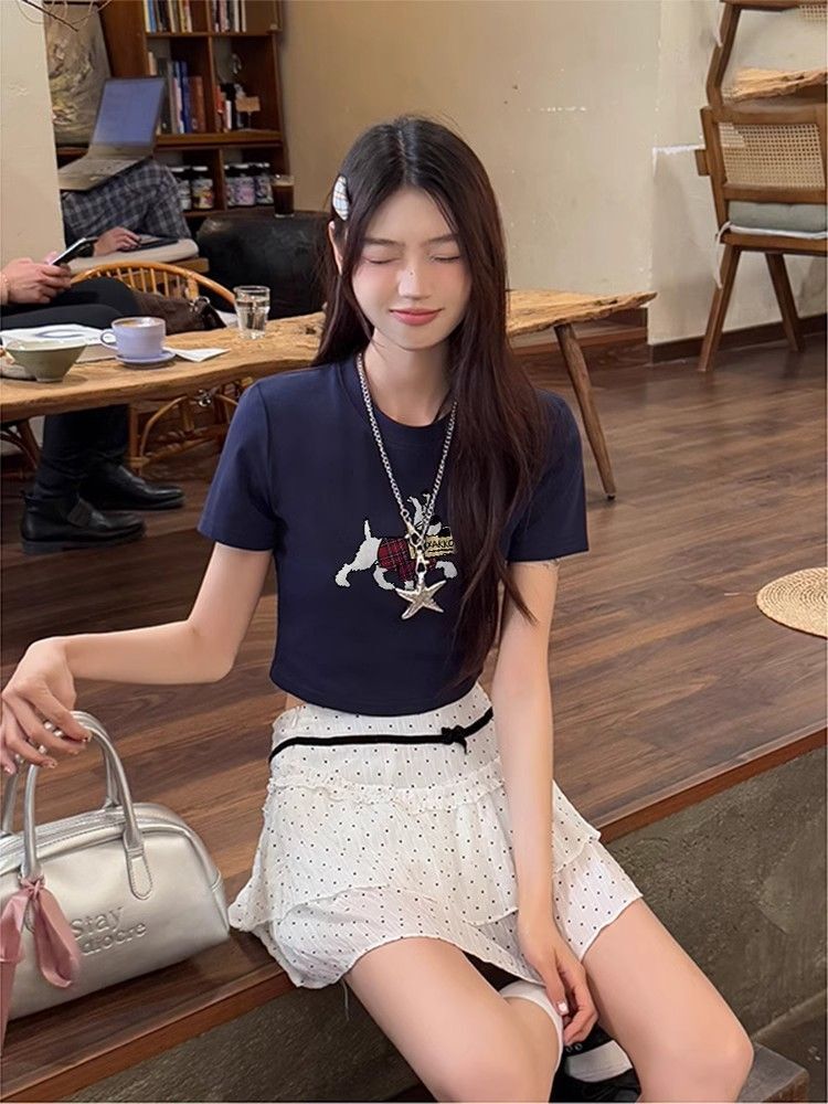 1*1纯棉 高弹力新款夏季短袖短款搭配高腰裤修身显瘦洋气上衣