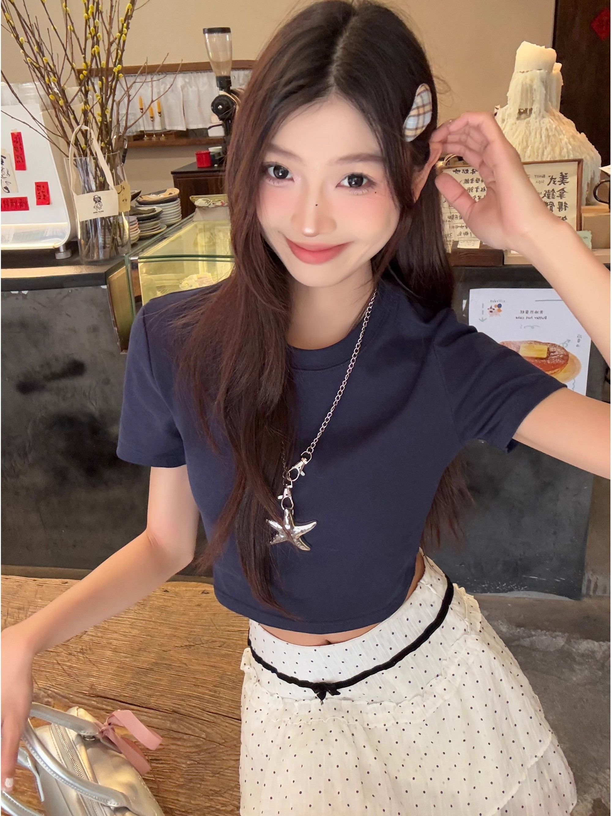 1*1纯棉 高弹力新款夏季短袖短款搭配高腰裤修身显瘦洋气上衣