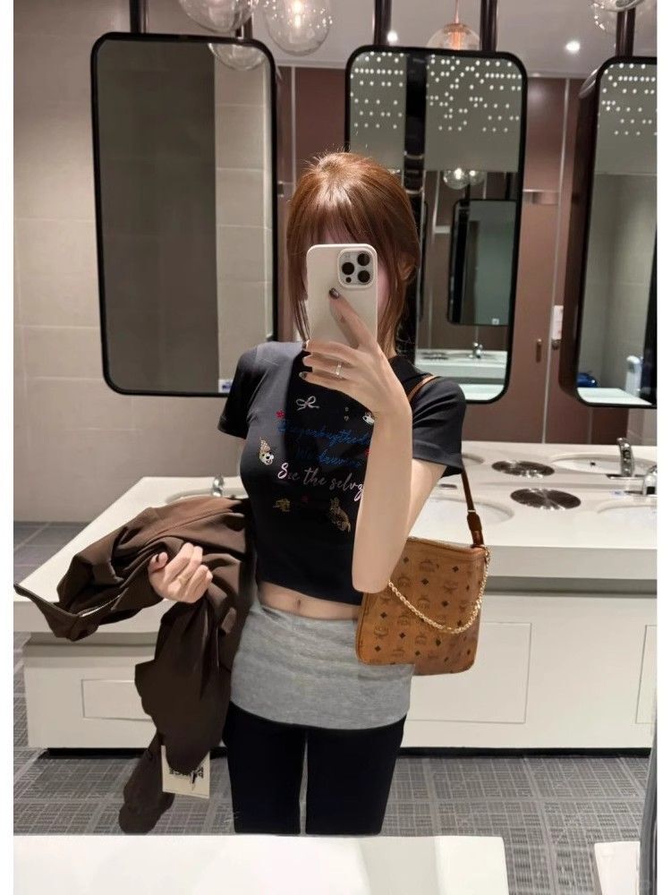 1*1纯棉 高弹力新款夏季短袖短款搭配高腰裤修身显瘦洋气上衣