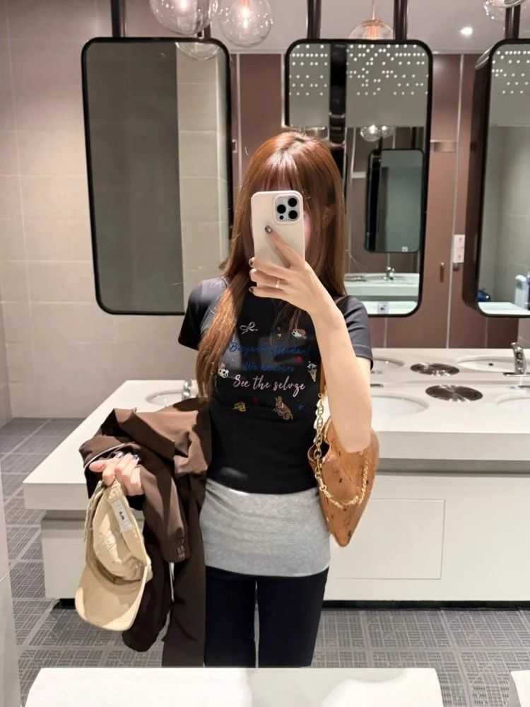 1*1纯棉 高弹力新款夏季短袖短款搭配高腰裤修身显瘦洋气上衣