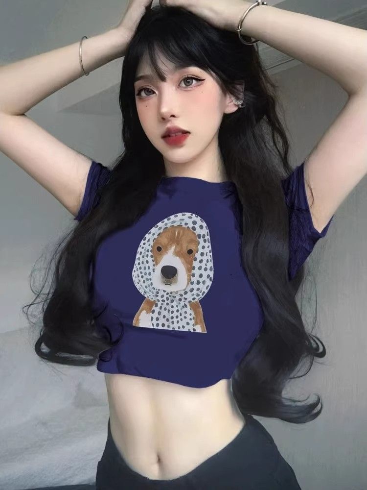 1*1纯棉 高弹力新款夏季短袖短款搭配高腰裤修身显瘦洋气上衣