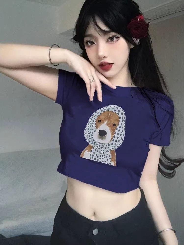 1*1纯棉 高弹力新款夏季短袖短款搭配高腰裤修身显瘦洋气上衣