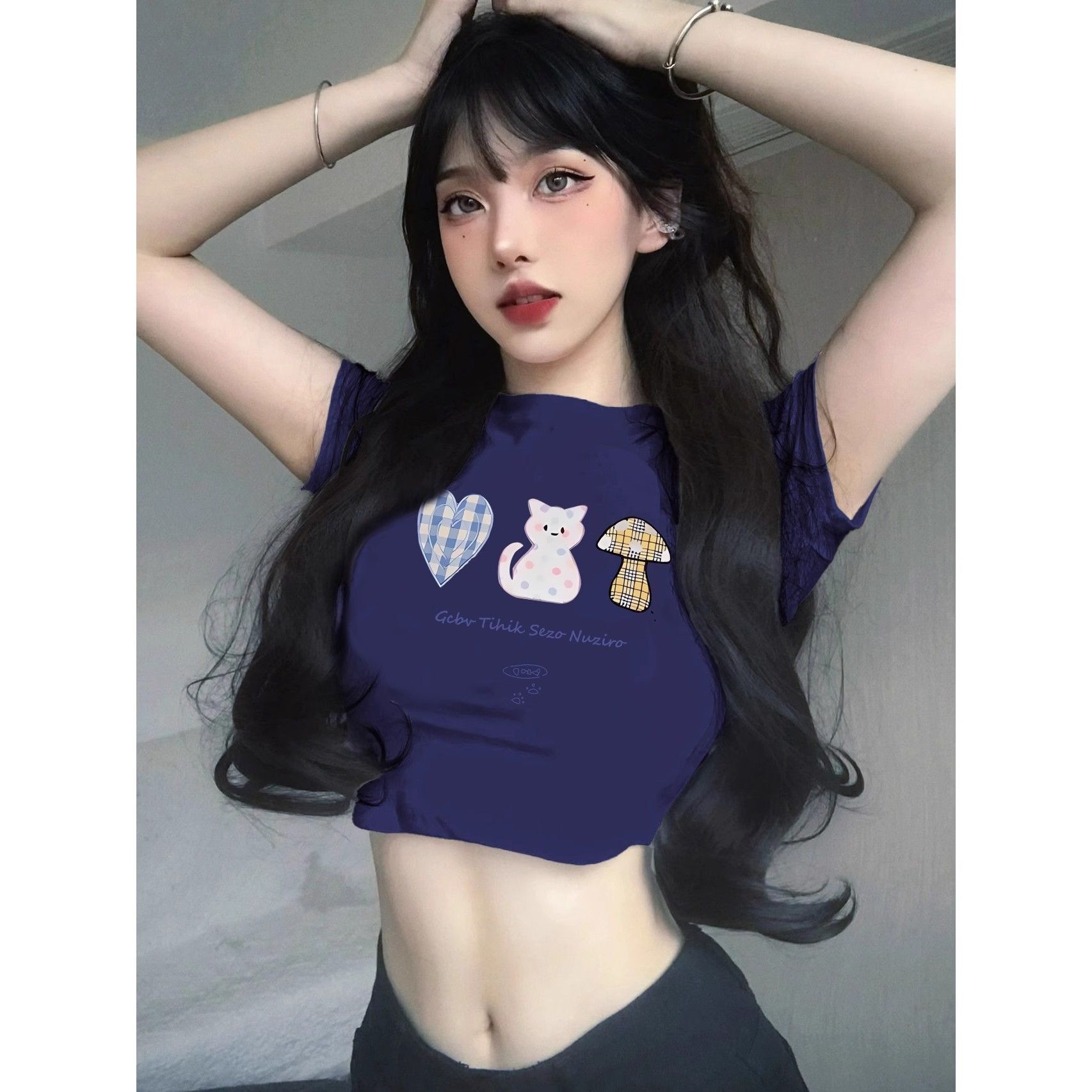 1*1纯棉 高弹力新款夏季短袖短款搭配高腰裤修身显瘦洋气上衣