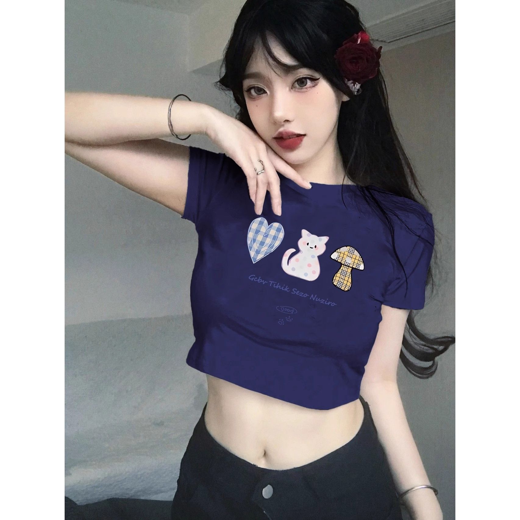 1*1纯棉 高弹力新款夏季短袖短款搭配高腰裤修身显瘦洋气上衣