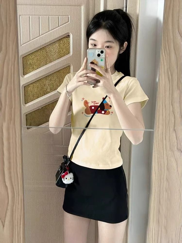 【1*1纯棉 常规款】印花正肩常规短袖 高弹力新款夏季修身显