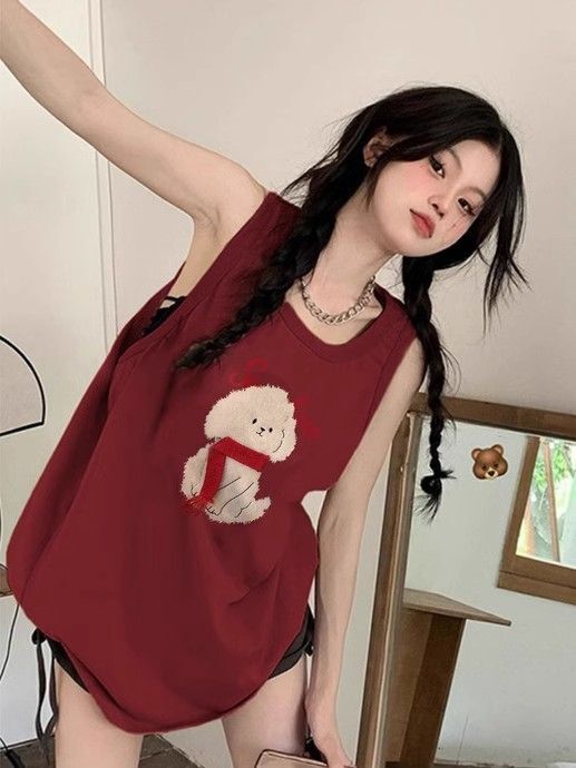 【包肩包领】夏日多巴胺穿搭无袖t恤美式坎肩背心无袖上衣