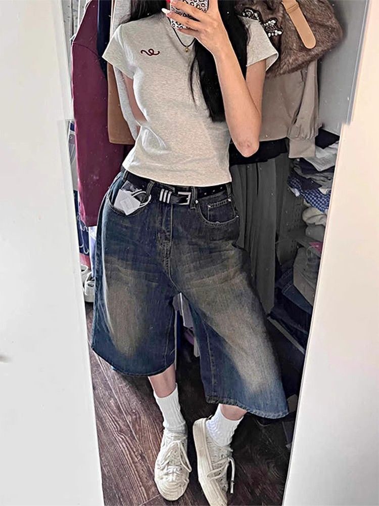 1*1纯棉 高弹力新款夏季短袖短款搭配高腰裤修身显瘦洋气上衣