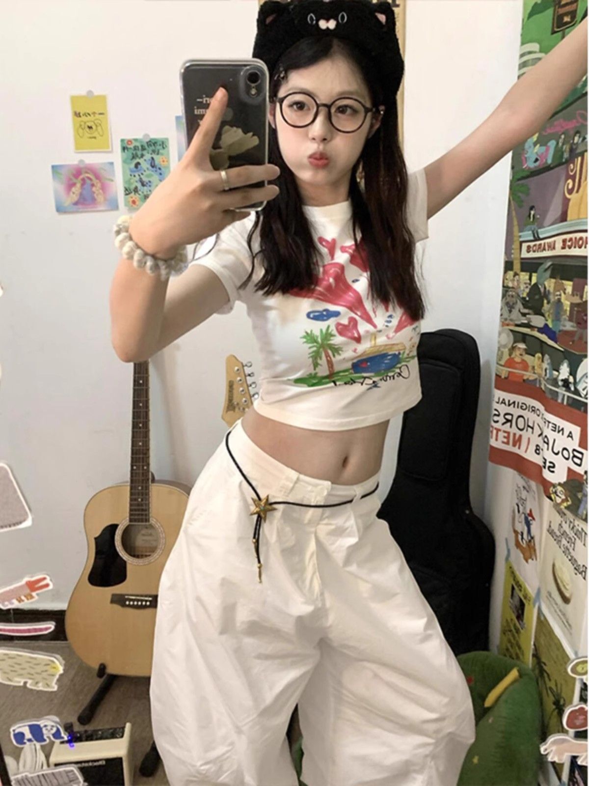 1*1纯棉 高弹力新款夏季短袖短款搭配高腰裤修身显瘦洋气上衣