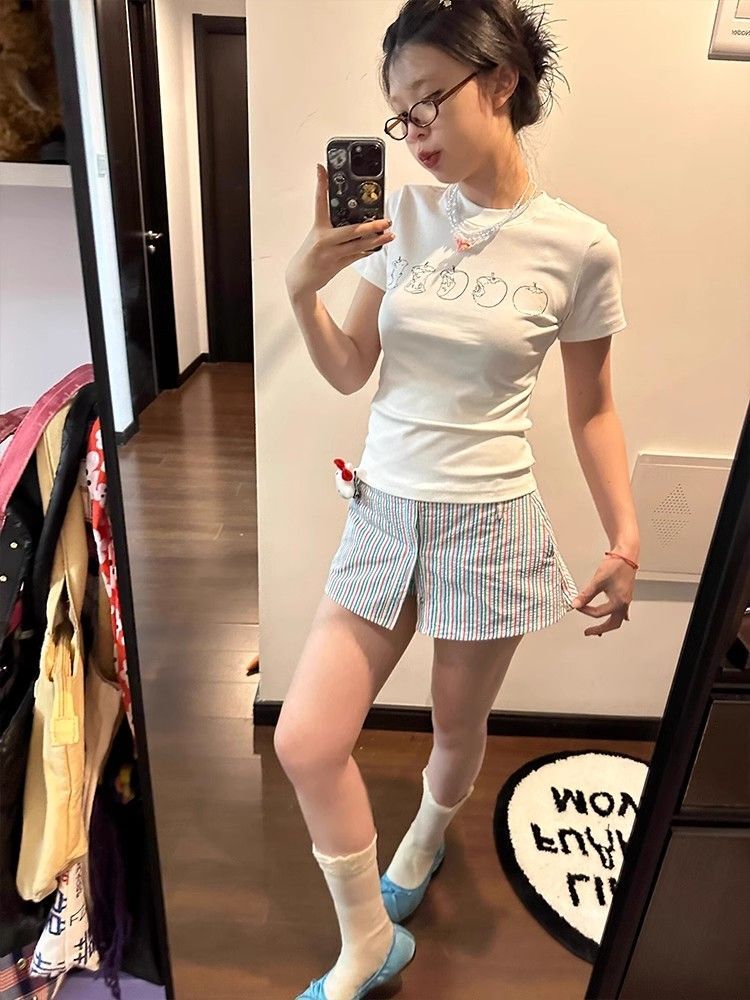 【1*1纯棉 常规款】印花正肩常规短袖 高弹力新款夏季修身显