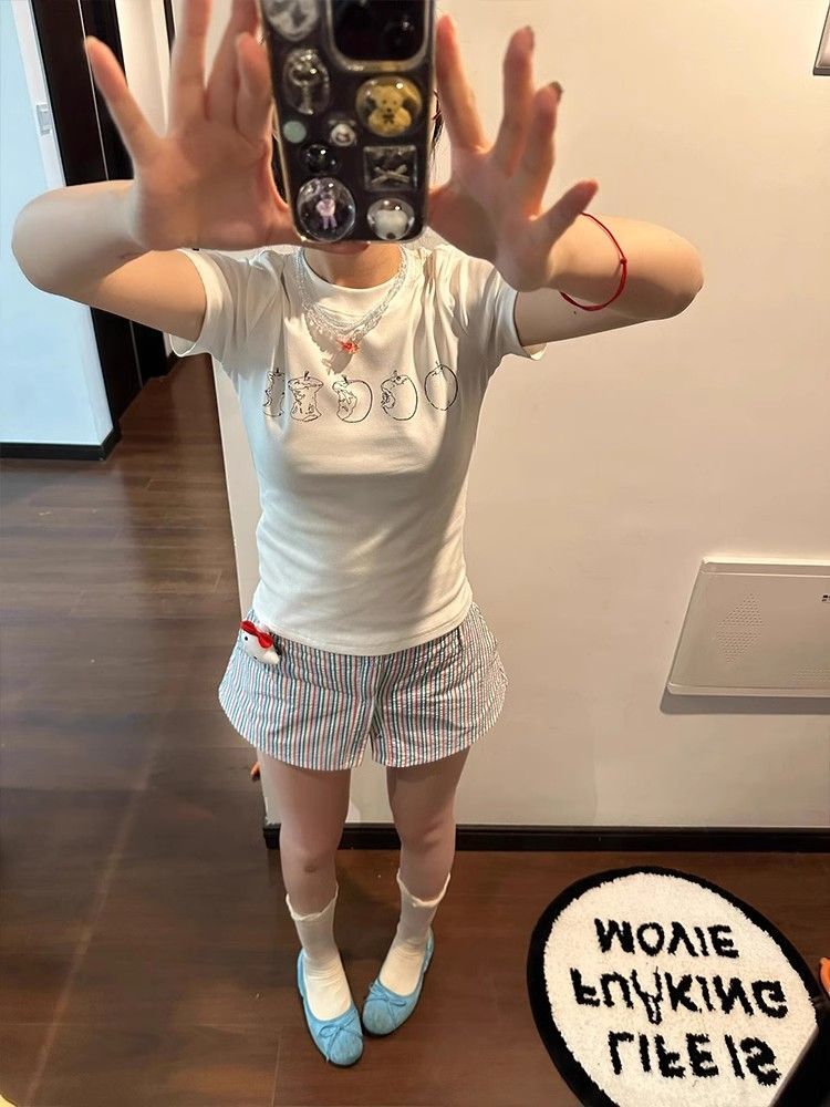 【1*1纯棉 常规款】印花正肩常规短袖 高弹力新款夏季修身显