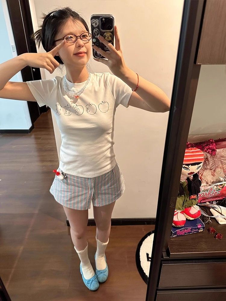 【1*1纯棉 常规款】印花正肩常规短袖 高弹力新款夏季修身显