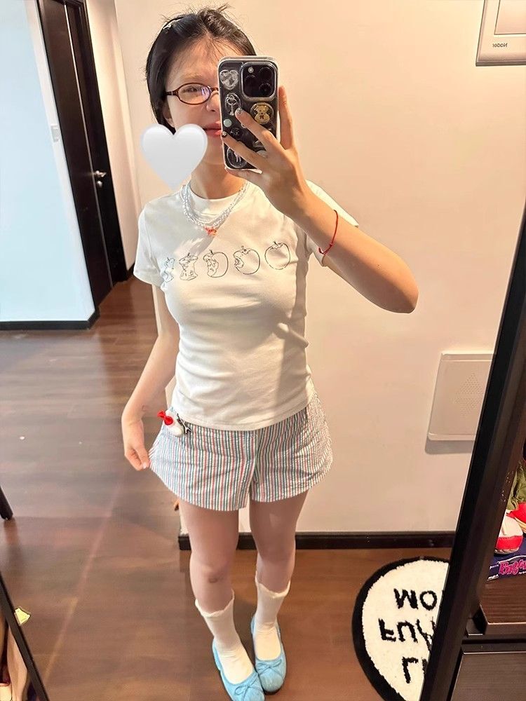 【1*1纯棉 常规款】印花正肩常规短袖 高弹力新款夏季修身显