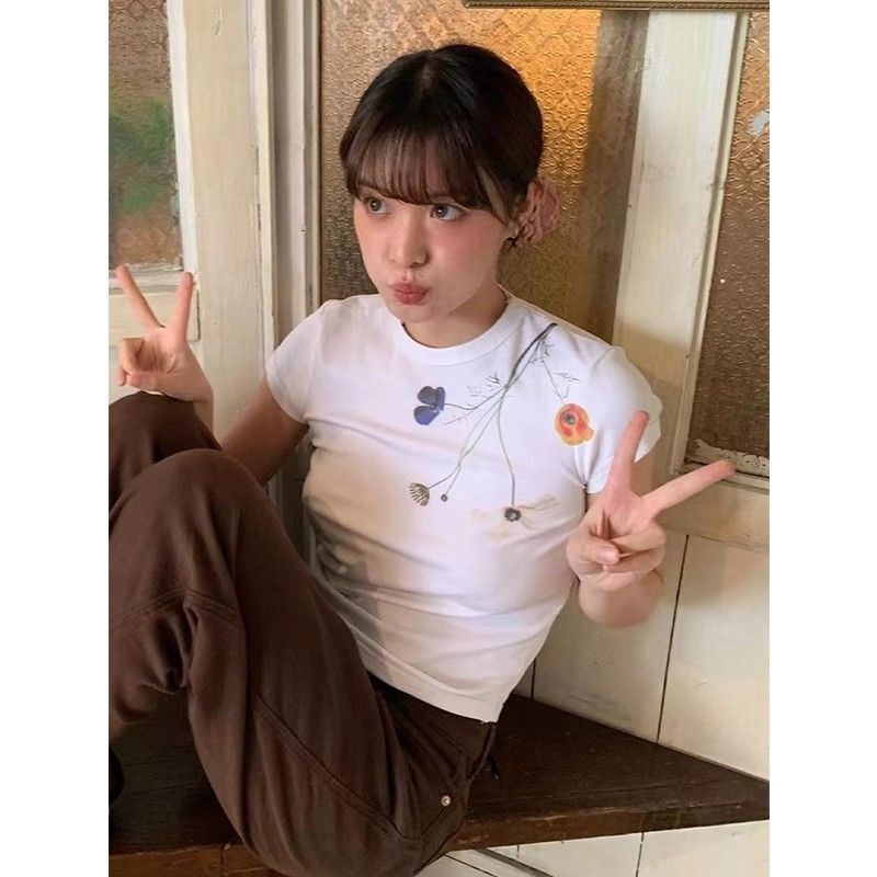 【1*1纯棉 常规款】印花正肩常规短袖 高弹力新款夏季修身显